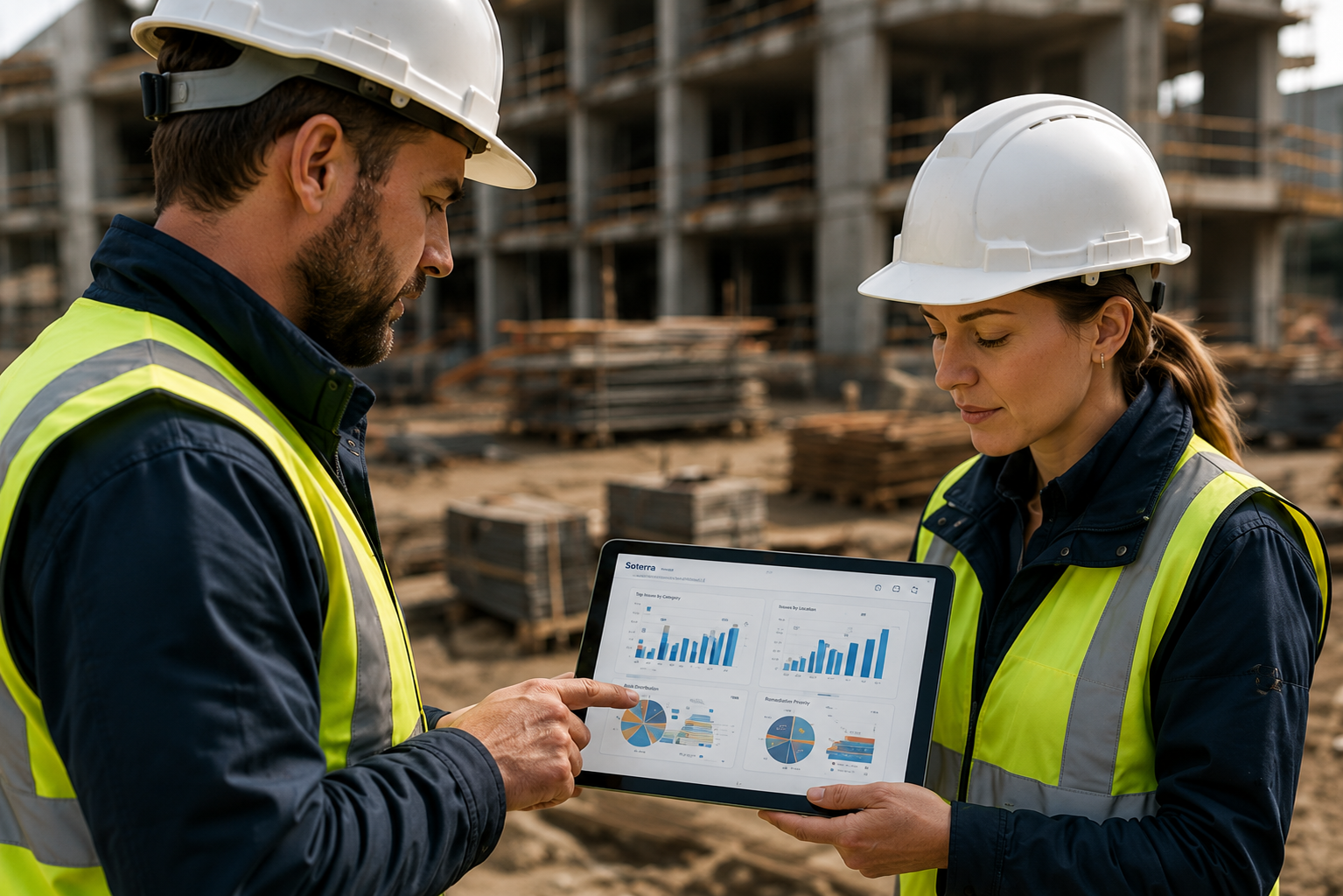 Construction team reviewing project information